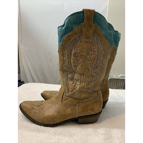 coconuts by matisse boots Cimmaron Size 7.5 Cowboy Boots Tan And Aqua Blue - Picture 2 of 7